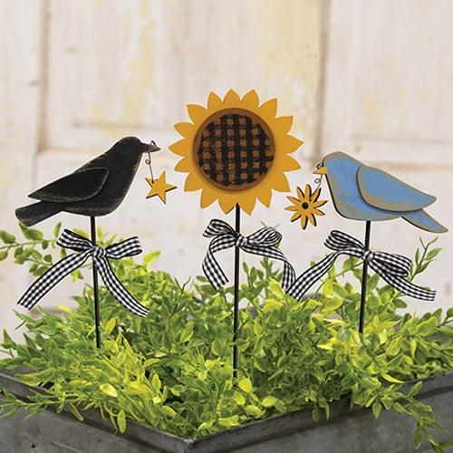 3 Set Bluebird Crow & Sunflower Plant Poke - The Fox Decor