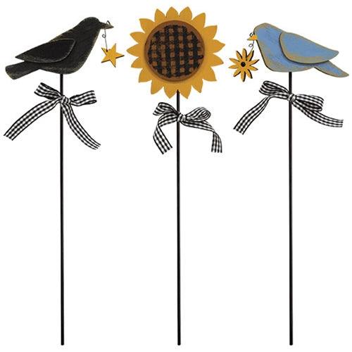 3 Set Bluebird Crow & Sunflower Plant Poke - The Fox Decor