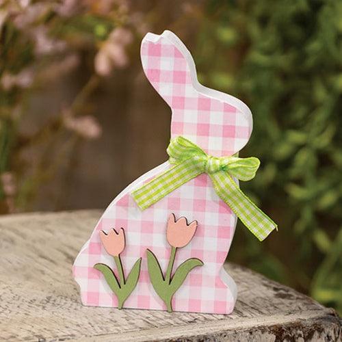 Pink & White Buffalo Check Bunny w Tulips Sitter - The Fox Decor
