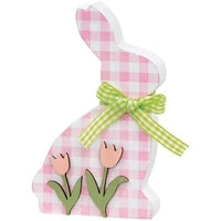 Pink & White Buffalo Check Bunny w Tulips Sitter - The Fox Decor