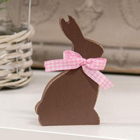 Wooden Chocolate Bunny Sitter w Pink Check Ribbon - The Fox Decor