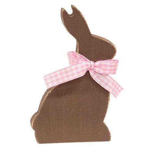 Wooden Chocolate Bunny Sitter w Pink Check Ribbon - The Fox Decor
