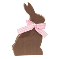 Wooden Chocolate Bunny Sitter w Pink Check Ribbon - The Fox Decor