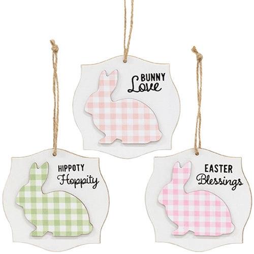 Layered Buffalo Check Easter Bunny Blessings Ornament 3 Asstd - The Fox Decor