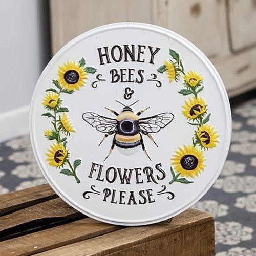 Honey Bees & Flowers Please Sunflower Round Metal Sign - The Fox Decor