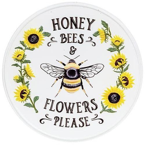 Honey Bees & Flowers Please Sunflower Round Metal Sign - The Fox Decor