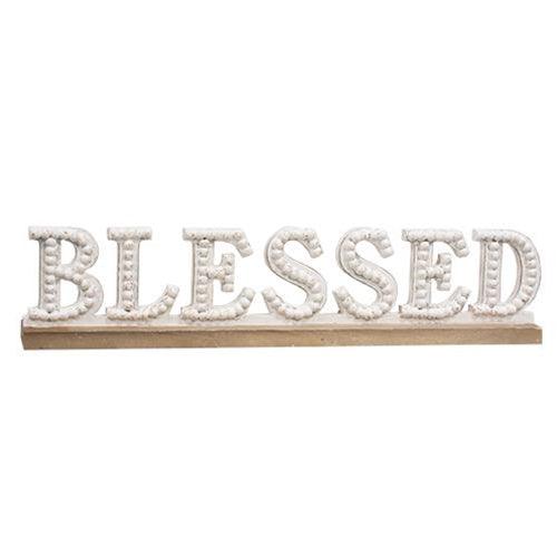 Blessed Beaded White Wood Sitter - The Fox Decor