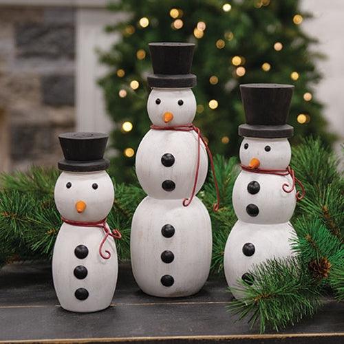 3 Set Wooden Spindle Snowmen w Top Hats - The Fox Decor