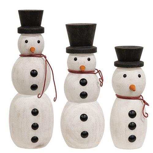 3 Set Wooden Spindle Snowmen w Top Hats - The Fox Decor