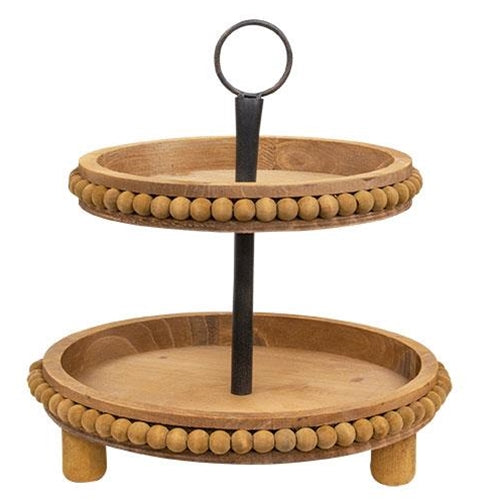 Natural Wood Beaded Two-Tiered Tray - The Fox Decor