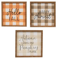 Fall Gingham Wood Sign 3 Asstd - The Fox Decor