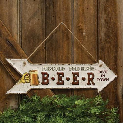 Ice Cold Beer Sold Here Hanging White Metal Sign - The Fox Decor