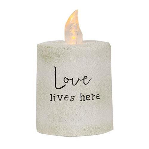 Love Lives Here White Cement Flame Timer Pillar 225 x 25H - The Fox Decor