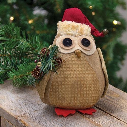 Stuffed Owl in Santa Hat w Winter Greenery - The Fox Decor