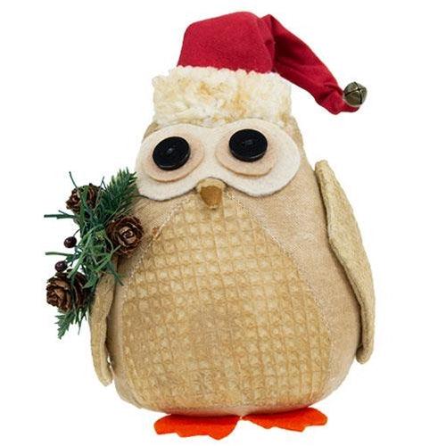 Stuffed Owl in Santa Hat w Winter Greenery - The Fox Decor