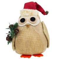Stuffed Owl in Santa Hat w Winter Greenery - The Fox Decor
