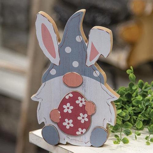 Blue Gnome Bunny with Egg Wood Sitter - The Fox Decor
