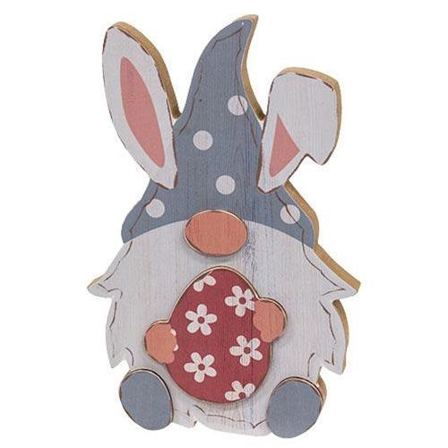 Blue Gnome Bunny with Egg Wood Sitter - The Fox Decor
