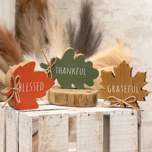 Thankful Grateful Blessed Wood Leaf Sitter 3 Asstd - The Fox Decor