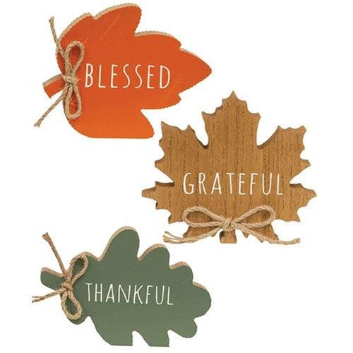 Thankful Grateful Blessed Wood Leaf Sitter 3 Asstd - The Fox Decor
