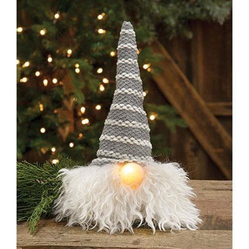 Sm Grey Hat Santa Gnome w LED Light Nose - The Fox Decor
