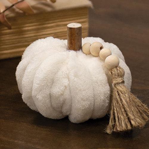 Cream Ribbed Pumpkin w Beaded Tassel Small - The Fox Decor