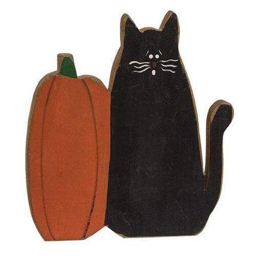 Rustic Wood Standing Primitive Cat & Pumpkin - The Fox Decor