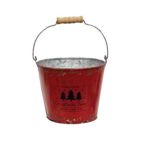 2 Set Farm Fresh Christmas Trees Distressed Red Metal Buckets - The Fox Decor