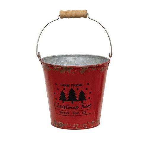 2 Set Farm Fresh Christmas Trees Distressed Red Metal Buckets - The Fox Decor