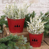 2 Set Farm Fresh Christmas Trees Distressed Red Metal Buckets - The Fox Decor