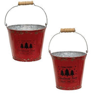 2 Set Farm Fresh Christmas Trees Distressed Red Metal Buckets - The Fox Decor