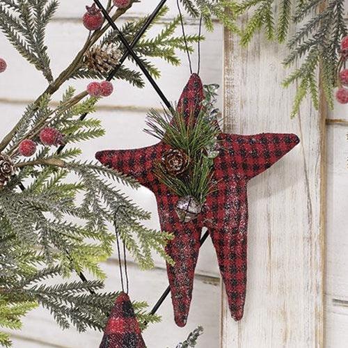 Red & Black Check Folk Star Ornament w Pinecone - The Fox Decor