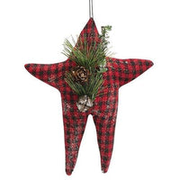 Red & Black Check Folk Star Ornament w Pinecone - The Fox Decor