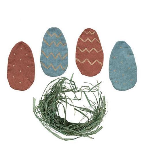 4 Set Stiffened Fabric Primitive Egg Ornaments w Nest Filler - The Fox Decor