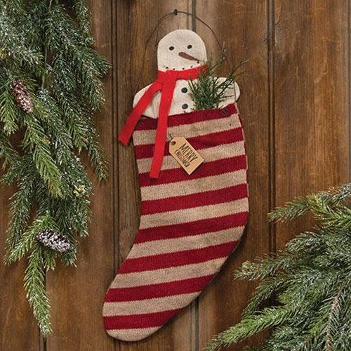 Hanging Striped Merry Christmas Stocking w Snowman & Greenery - The Fox Decor