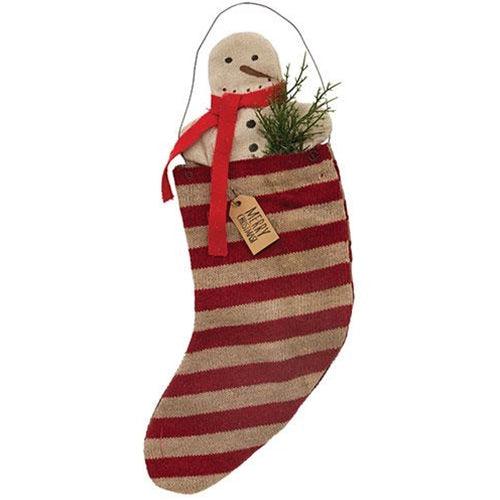 Hanging Striped Merry Christmas Stocking w Snowman & Greenery - The Fox Decor