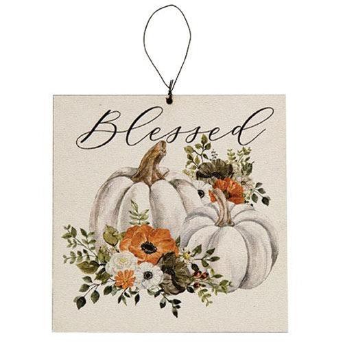 Grateful Thankful Blessed Pumpkin Square Ornament 3 Asstd - The Fox Decor