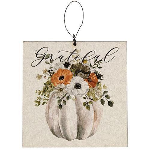 Grateful Thankful Blessed Pumpkin Square Ornament 3 Asstd - The Fox Decor