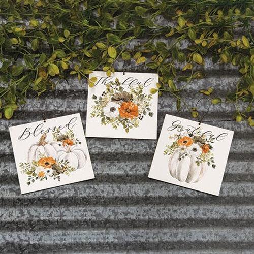 Grateful Thankful Blessed Pumpkin Square Ornament 3 Asstd - The Fox Decor