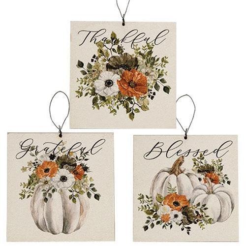 Grateful Thankful Blessed Pumpkin Square Ornament 3 Asstd - The Fox Decor
