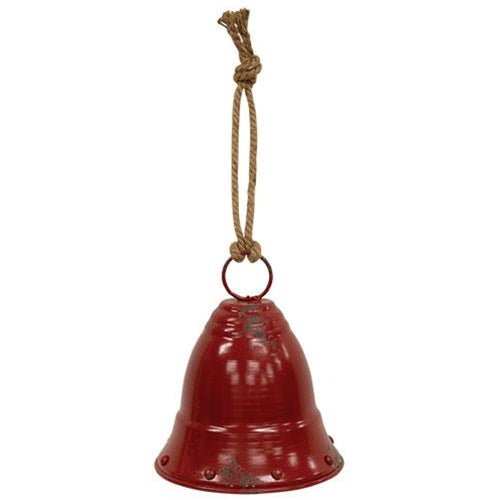 Distressed Red Metal Bell w Jute Hanger Small - The Fox Decor