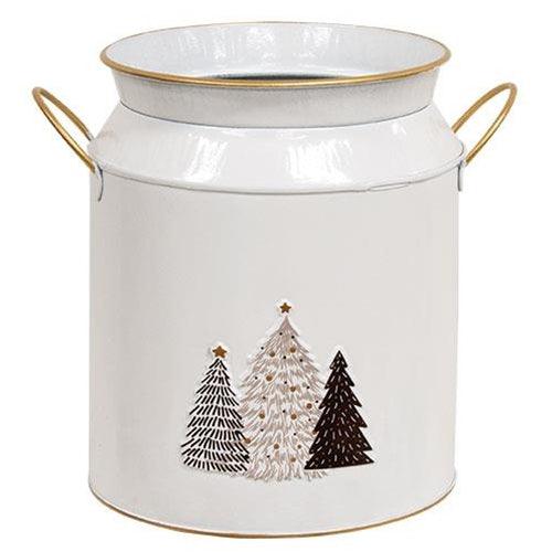 White & Gold Handle Milk Can w Tree Embossed Accent - The Fox Decor