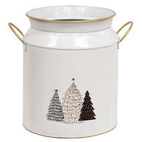 White & Gold Handle Milk Can w Tree Embossed Accent - The Fox Decor
