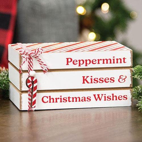Peppermint Kisses & Christmas Wishes Wooden Book Stack - The Fox Decor