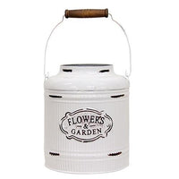 Distressed White Metal Ribbed Flower Garden Bucket w Handle - The Fox Decor