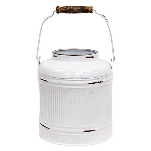 Distressed White Metal Ribbed Flower Garden Bucket w Handle - The Fox Decor