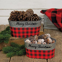 2 Set Red & Black Buffalo Check Merry Christmas Oval Buckets - The Fox Decor