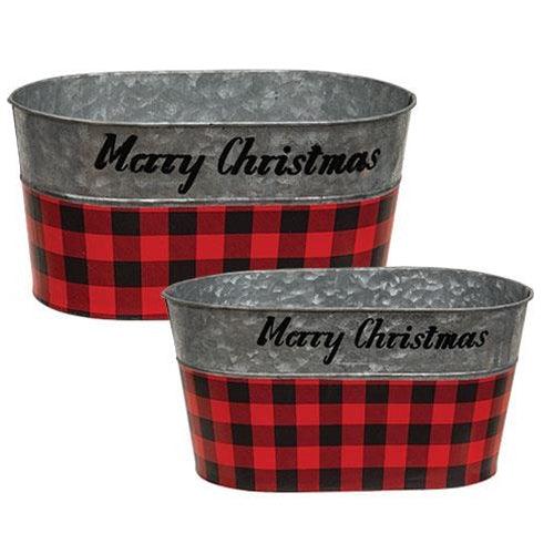 2 Set Red & Black Buffalo Check Merry Christmas Oval Buckets - The Fox Decor