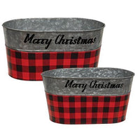 2 Set Red & Black Buffalo Check Merry Christmas Oval Buckets - The Fox Decor