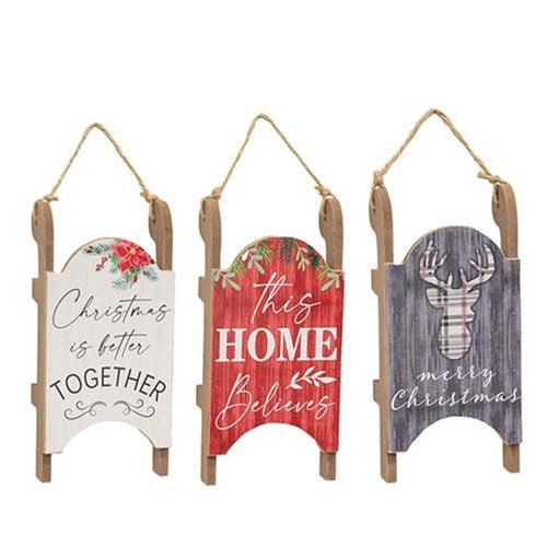 Christmas Wooden Sleigh Hanger 3 Asstd - The Fox Decor